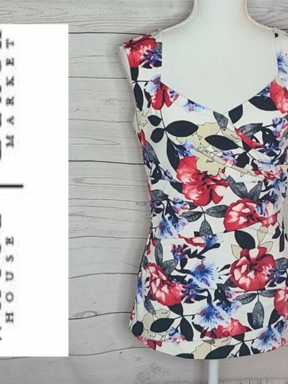 White House Black Market Floral V-Neck - White, Red & Blue